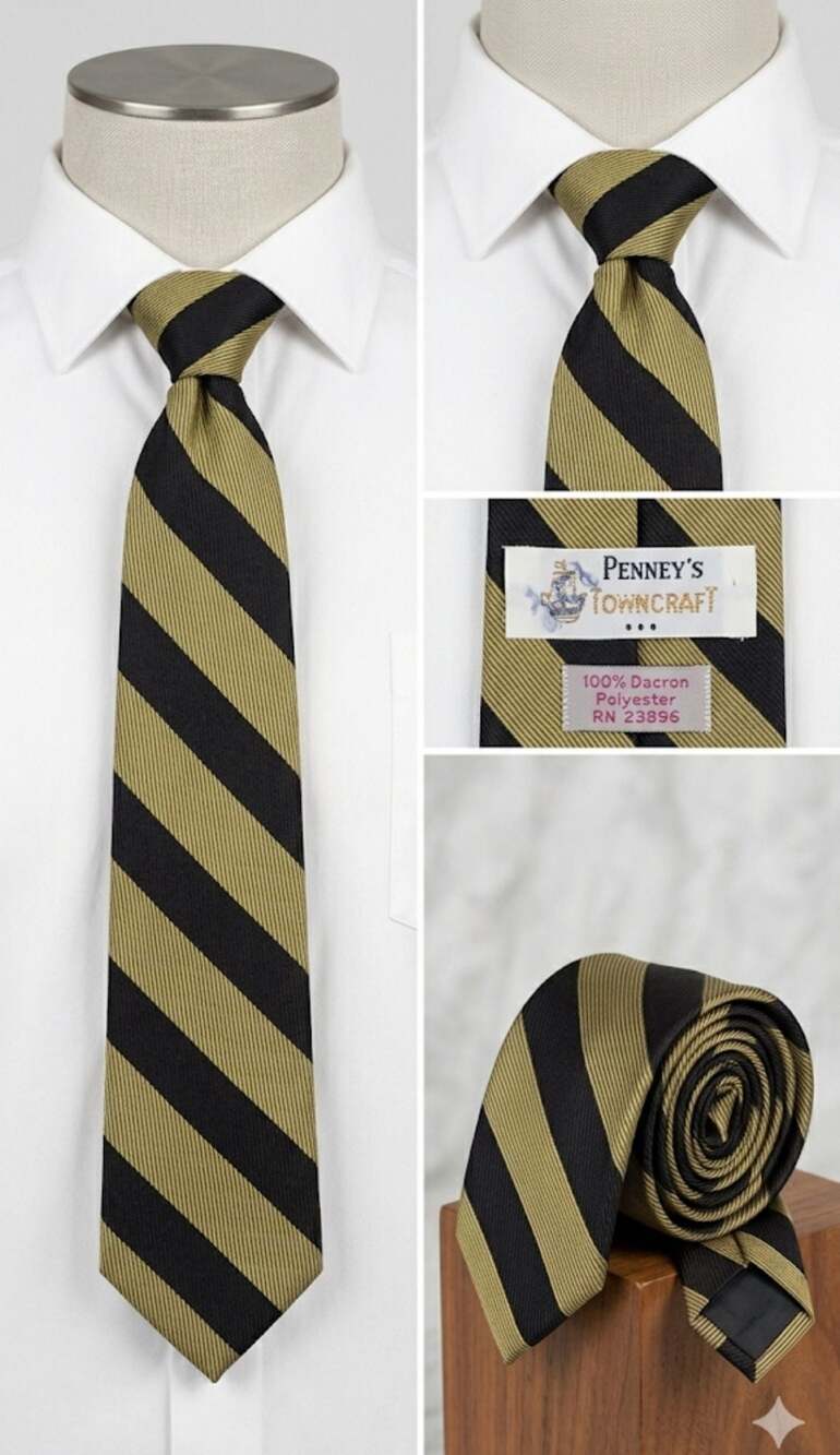 Vintage Penney's Towncraft Gold and Black Striped Dacron Polyester Necktie